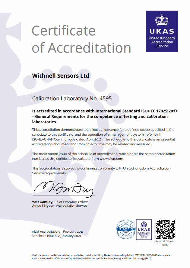 Certificate of UKAS Accreditation for temperature and humidity calibration