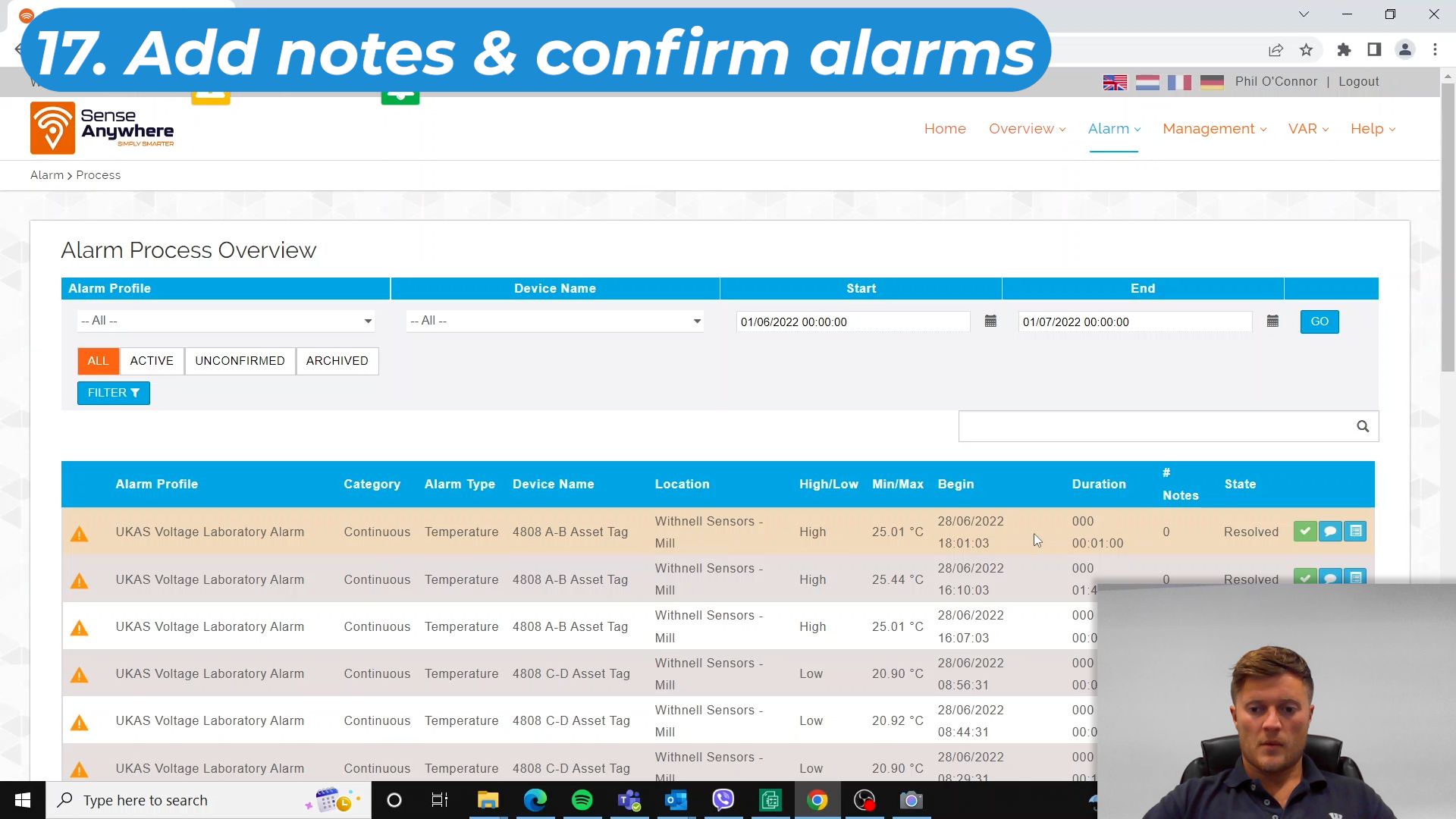 17. Add notes and confirm alarms