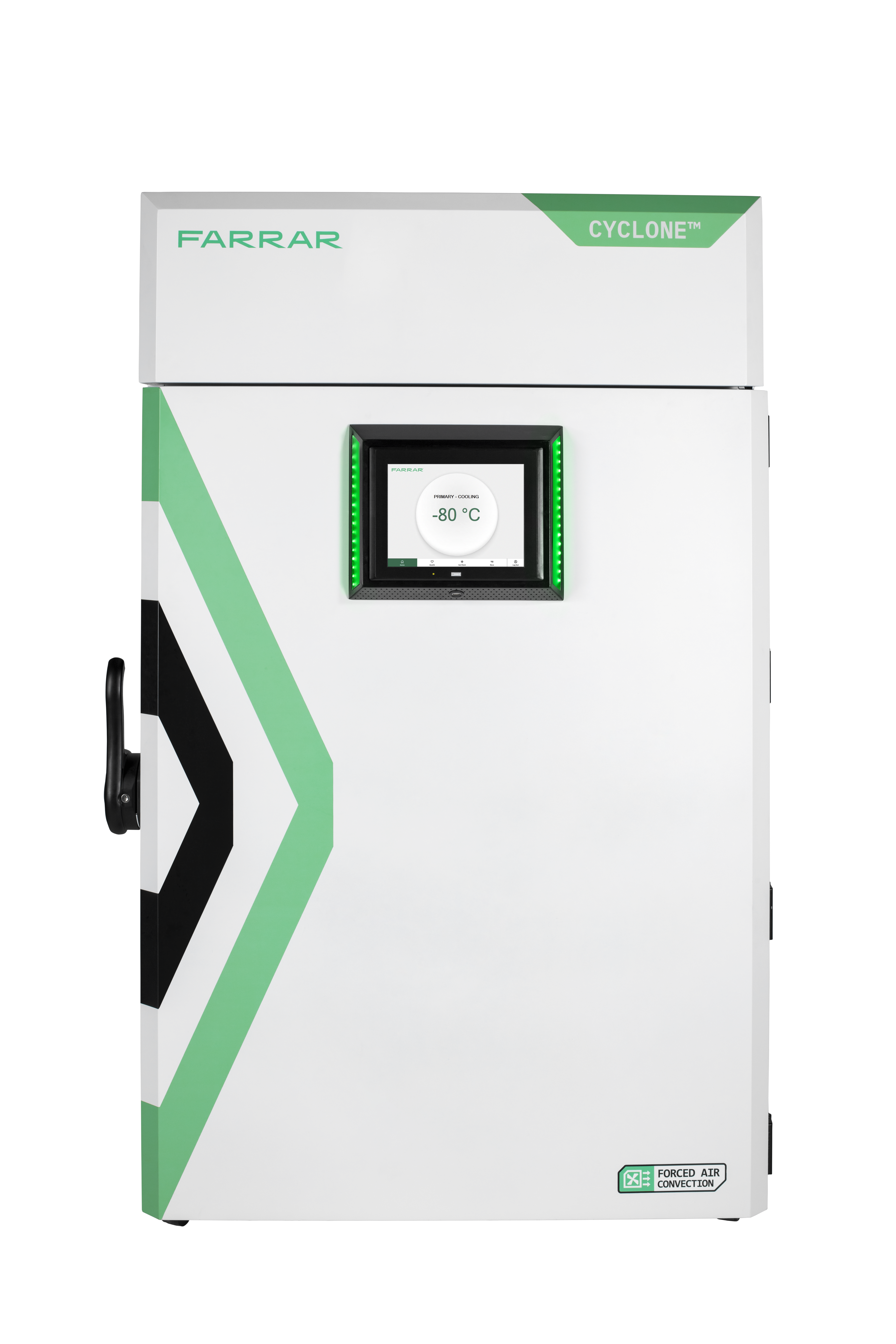 FARRAR CYCLONE ultra-low temperature freezer with opened door and three tiered compartments open close up image